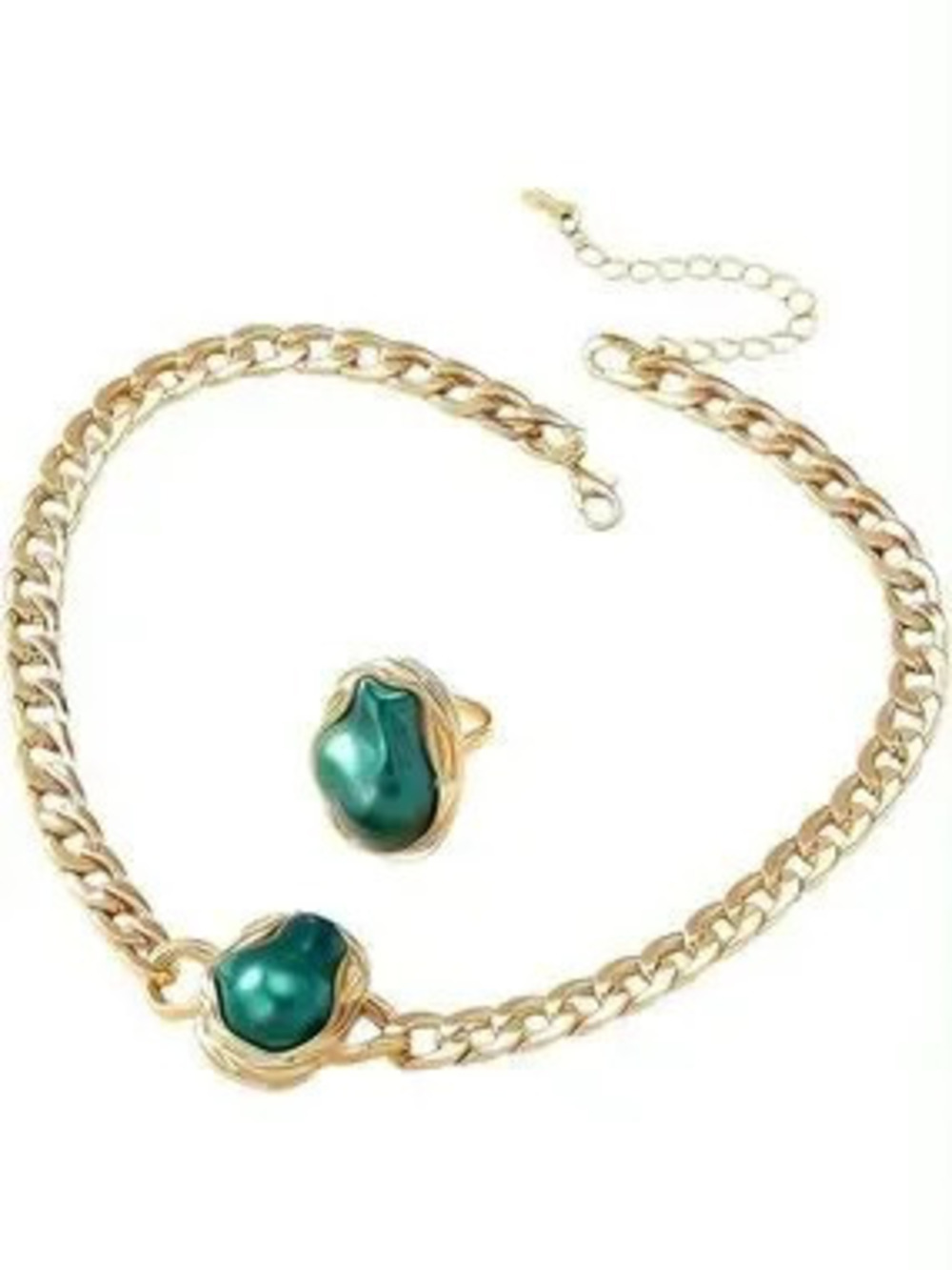 Anthropologie Gold-Tone Necklace and Ring Set with Teal Stones